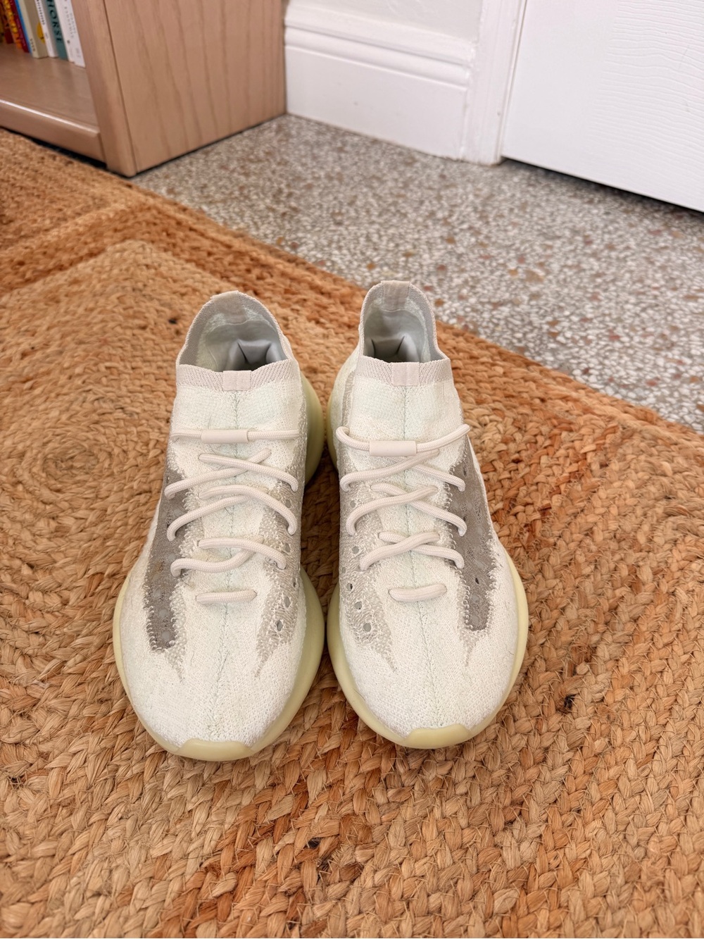 Yeezy Cream/Light Gray Knit Lace-Up Sneakers